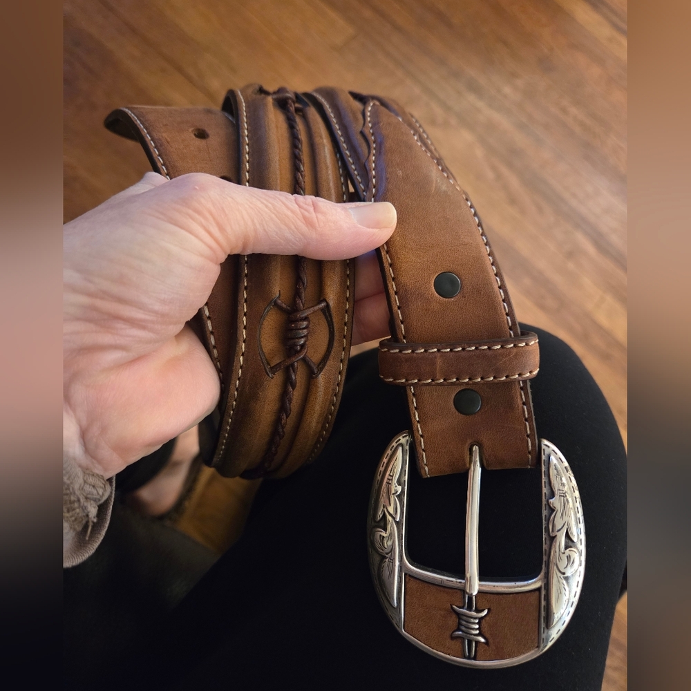 Leather Western Belt with Silver Buckle - Picture 5 of 16
